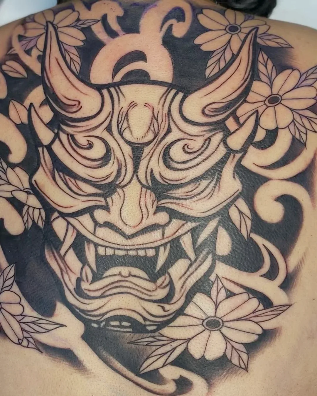 Hannya mask back piece, tattooed by Kylie Lesko