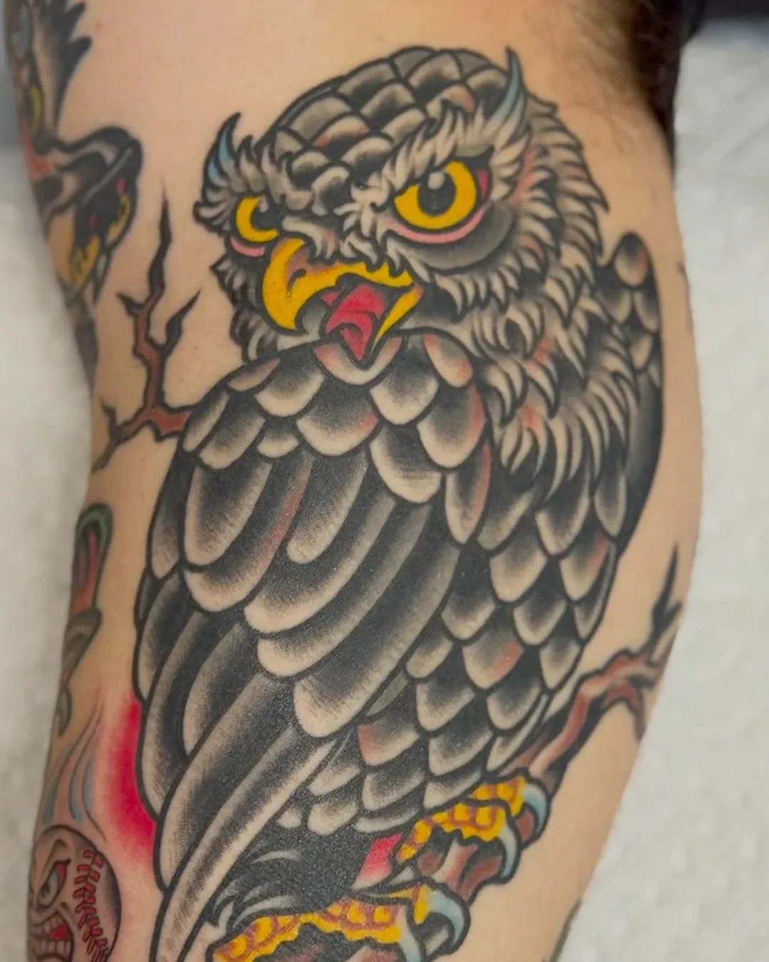 American traditional owl on the calf, tattooed by Ty Rodgers
